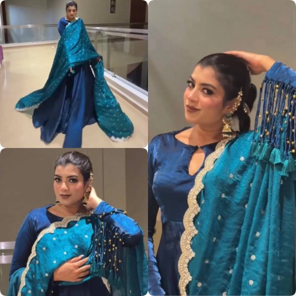 Regal Blue Premium Fandy Crush Silk Gown Set with Embroidered Dupatta at Manufacturer  Ready To Wear Collection