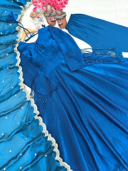 Regal Blue Premium Fandy Crush Silk Gown Set with Embroidered Dupatta at Manufacturer  Ready To Wear Collection