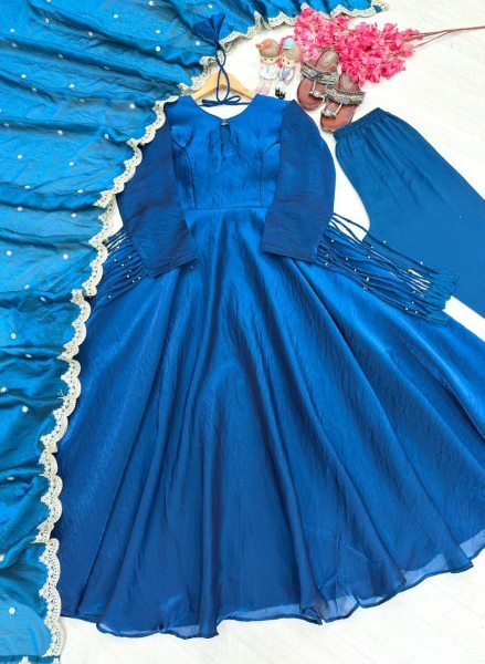 Regal Blue Premium Fandy Crush Silk Gown Set with Embroidered Dupatta at Manufacturer  Ready To Wear Collection
