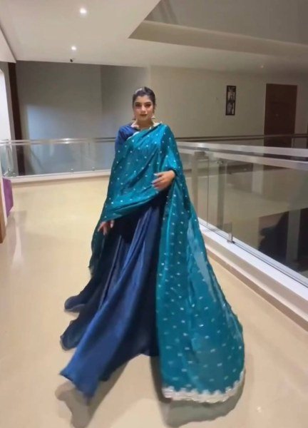 Regal Blue Premium Fandy Crush Silk Gown Set with Embroidered Dupatta at Manufacturer  Ready To Wear Collection