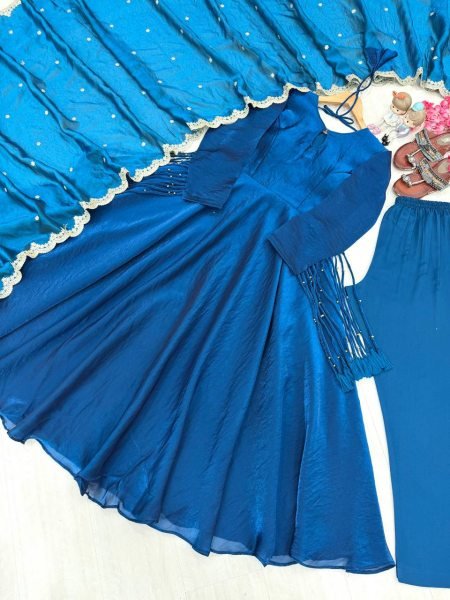 Regal Blue Premium Fandy Crush Silk Gown Set with Embroidered Dupatta at Manufacturer  Ready To Wear Collection