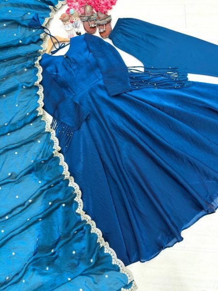 Regal Blue Premium Fandy Crush Silk Gown Set with Embroidered Dupatta at Manufacturer  Ready To Wear Collection