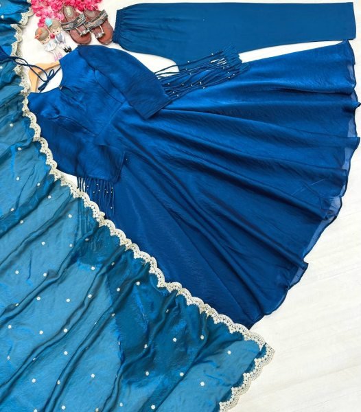 Regal Blue Premium Fandy Crush Silk Gown Set with Embroidered Dupatta at Manufacturer  Ready To Wear Collection