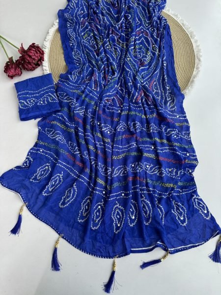 Regal Blue Pure Moss Crepe Bandhani Saree with Mirror Work and Running Blouse Bandhej Sarees Wholesale