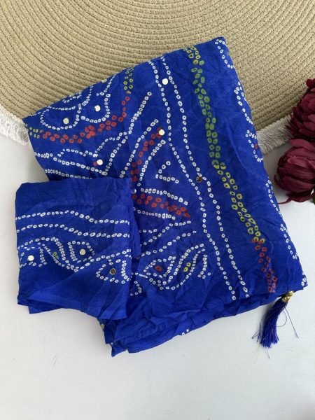 Regal Blue Pure Moss Crepe Bandhani Saree with Mirror Work and Running Blouse Bandhej Sarees Wholesale