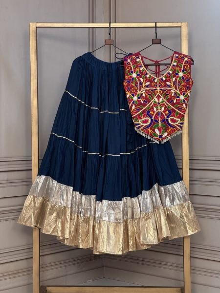 Regal Blue Rayon Lehenga Choli with 12 Meter Flair, Lampi Lace and Sleeveless Blouse  Lehenga