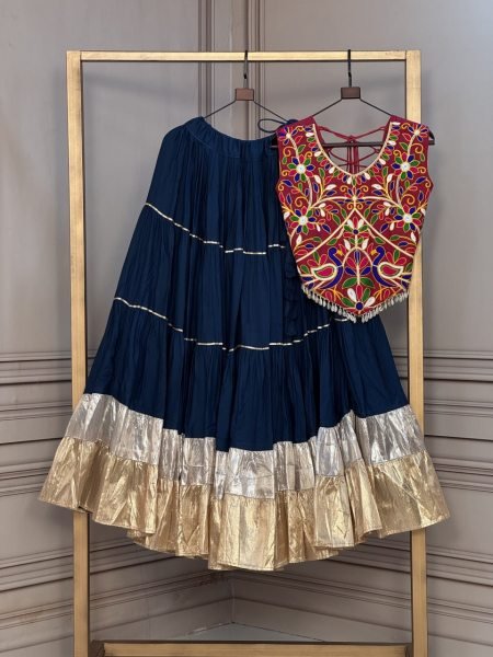 Regal Blue Rayon Lehenga Choli with 12 Meter Flair, Lampi Lace and Sleeveless Blouse Navratri Lehnega Choli