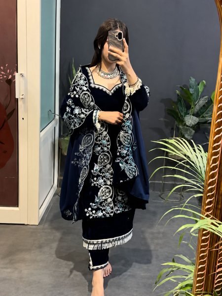 Regal Blue Viscose Velvet Suit Set with Heavy Embroidery Sequence Work 