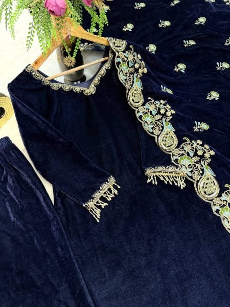 Regal Blue Viscose Velvet Suit Set with Heavy Embroidery Sequence Work Ready To Wear Collection