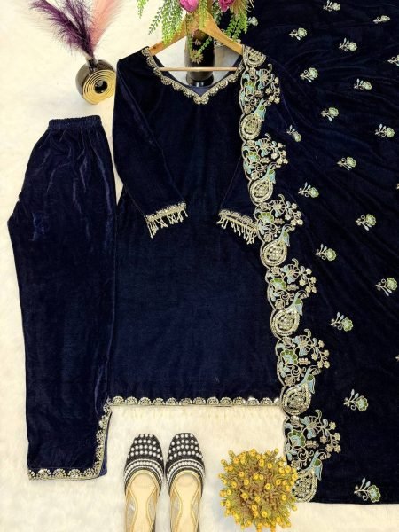 Regal Blue Viscose Velvet Suit Set with Heavy Embroidery Sequence Work Ready To Wear Collection