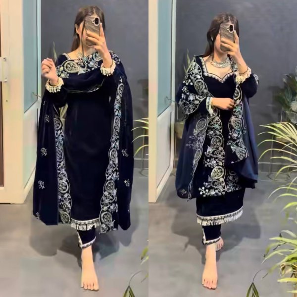 Regal Blue Viscose Velvet Suit Set with Heavy Embroidery Sequence Work Ready To Wear Collection