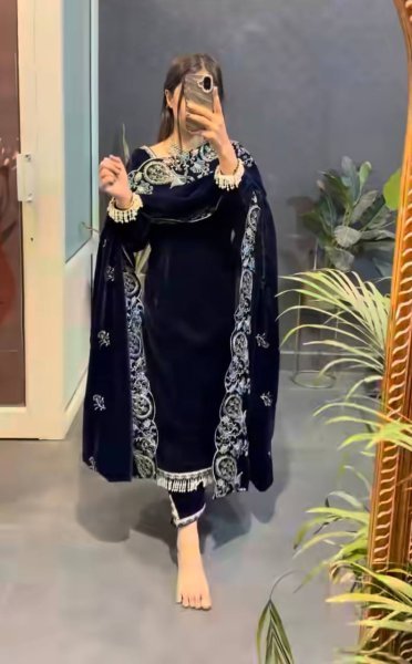 Regal Blue Viscose Velvet Suit Set with Heavy Embroidery Sequence Work Ready To Wear Collection