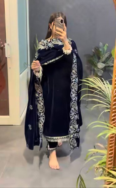 Regal Blue Viscose Velvet Suit Set with Heavy Embroidery Sequence Work Ready To Wear Collection