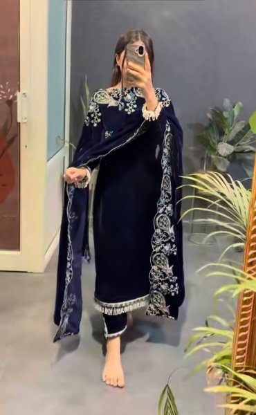 Regal Blue Viscose Velvet Suit Set with Heavy Embroidery Sequence Work Ready To Wear Collection