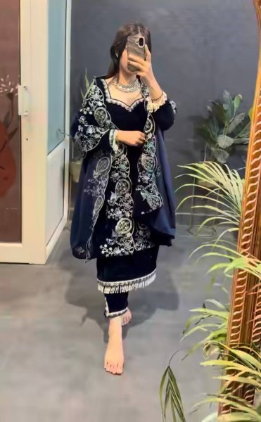 Regal Blue Viscose Velvet Suit Set with Heavy Embroidery Sequence Work Ready To Wear Collection
