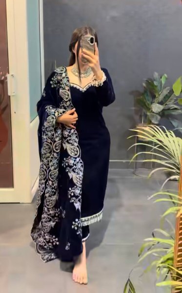 Regal Blue Viscose Velvet Suit Set with Heavy Embroidery Sequence Work Ready To Wear Collection