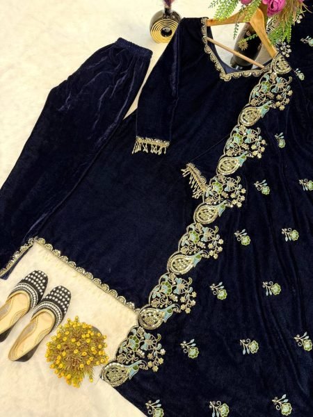 Regal Blue Viscose Velvet Suit Set with Heavy Embroidery Sequence Work Ready To Wear Collection