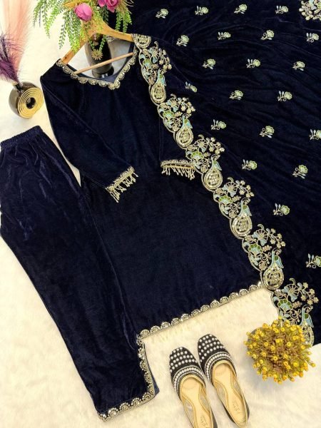 Regal Blue Viscose Velvet Suit Set with Heavy Embroidery Sequence Work Ready To Wear Collection
