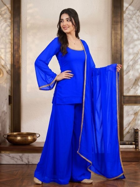 Regal Blue Women's Soft Georgette Palazzo Set with Stylish Back Tie Tassel Kurtis