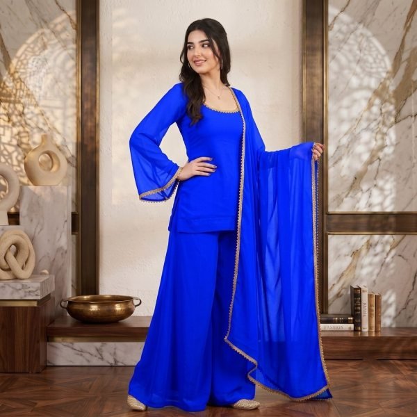 Regal Blue Women's Soft Georgette Palazzo Set with Stylish Back Tie Tassel Georgette Kurti 