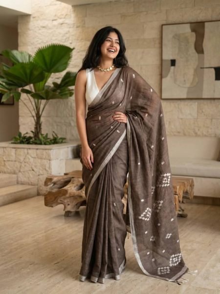 Regal Brown Linen Cotton Digital Printed Saree with Blouse at Manufacturer Rate 