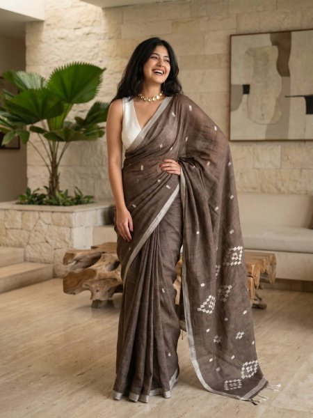 Regal Brown Linen Cotton Digital Printed Saree with Blouse at Manufacturer Rate Printed Cotton Sarees Wholesale