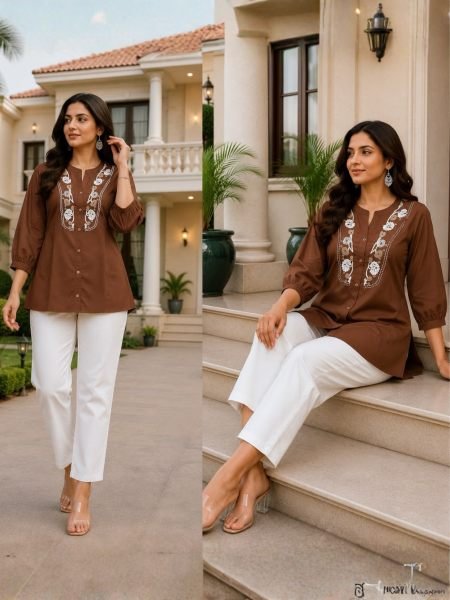 Regal Brown Rayon Slub Embroidery Work Top with Khadi Cotton Trousers Kurtis