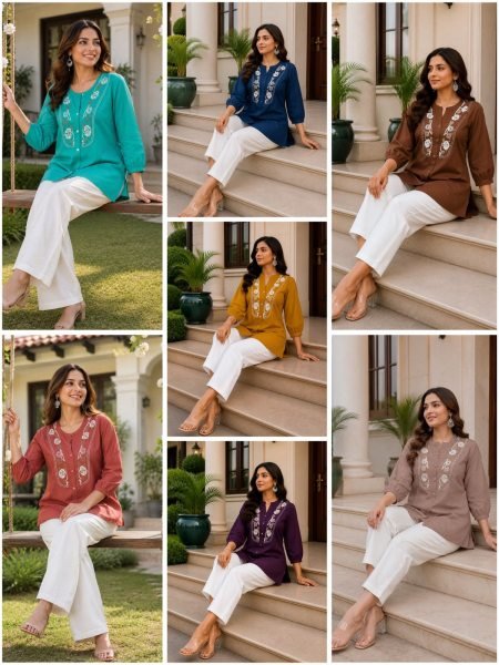 Regal Brown Rayon Slub Embroidery Work Top with Khadi Cotton Trousers Tunics kurti