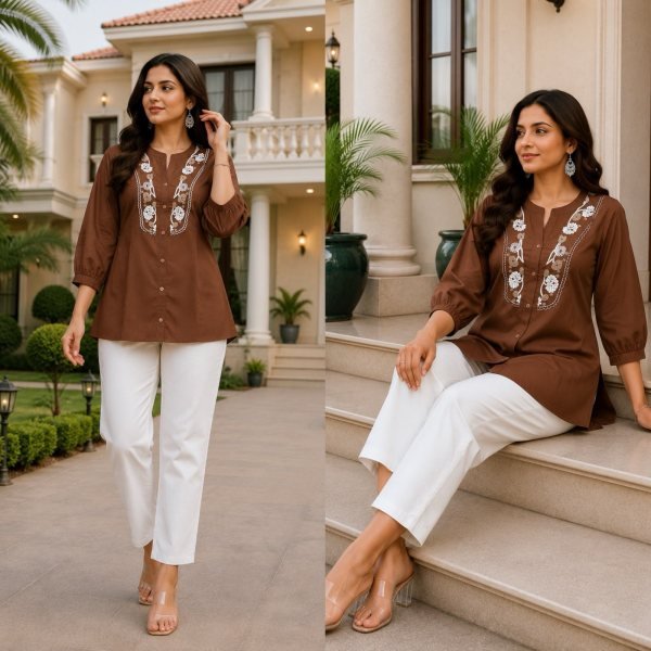 Regal Brown Rayon Slub Embroidery Work Top with Khadi Cotton Trousers Tunics kurti