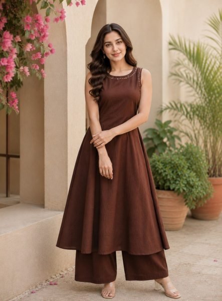 Regal Brown Tesla Top And Bottom Kurti Set With Premium Collection Wholesale Price Anarkali Kurtis 