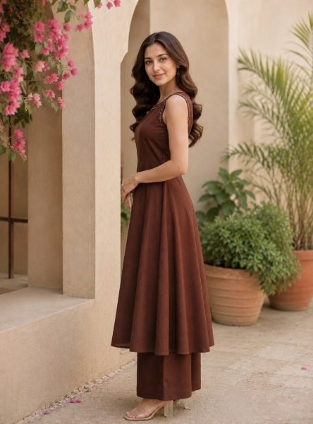 Regal Brown Tesla Top And Bottom Kurti Set With Premium Collection Wholesale Price Anarkali Kurtis 