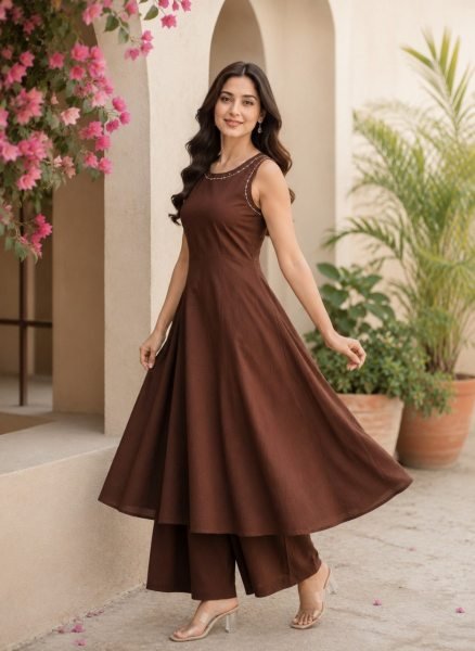 Regal Brown Tesla Top And Bottom Kurti Set With Premium Collection Wholesale Price Anarkali Kurtis 