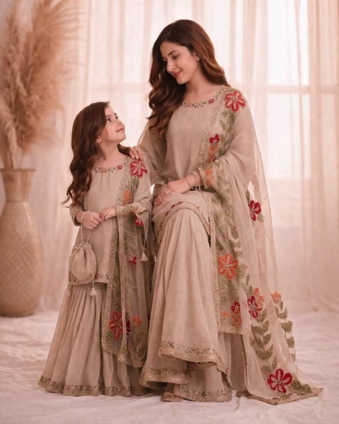 Regal Cream Elegant Family Matching Outfit for Special Occasions Mom-Doughter Collection