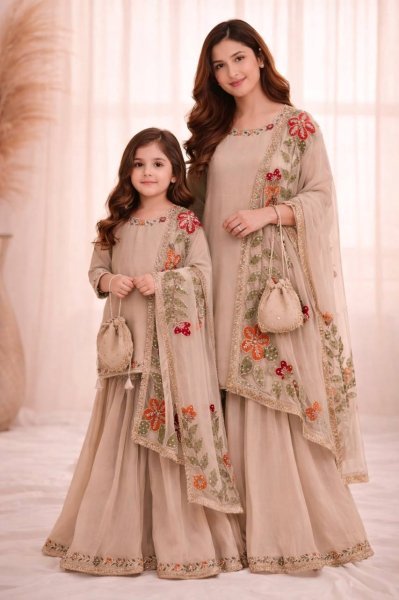 Regal Cream Elegant Family Matching Outfit for Special Occasions Mom-Doughter Collection