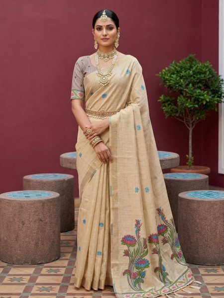 Regal Cream Festive Collection Pure Muga Cotton Saree with Rich Meenakari Detailing Sarees 