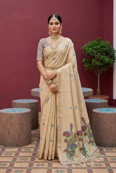 Regal Cream Festive Collection Pure Muga Cotton Saree with Rich Meenakari Detailing Printed Cotton Sarees Wholesale