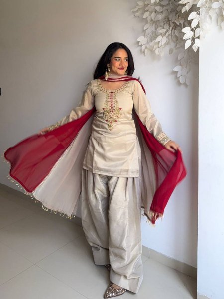 Regal Cream Heavy Embroidered Suit Set with Farshi Pant for Women Ready To Wear Suit