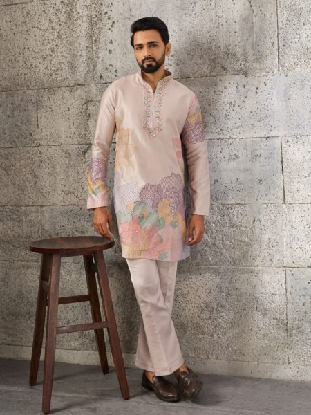 Regal Cream Men's Silk Kurta Pajama with Designer Embroidery For Wedding 