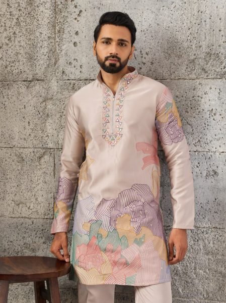 Regal Cream Men's Silk Kurta Pajama with Designer Embroidery For Wedding Mens Short Kurta