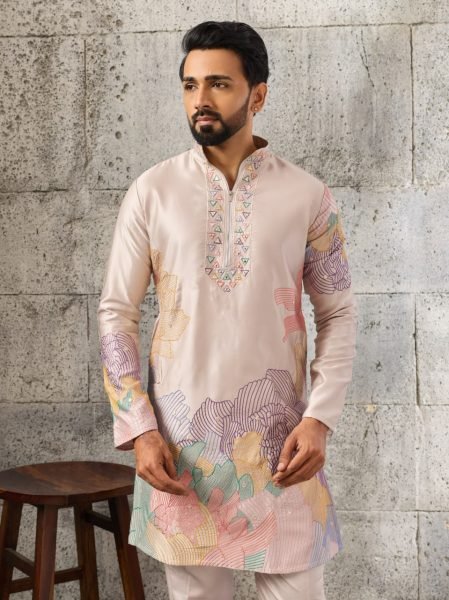 Regal Cream Men's Silk Kurta Pajama with Designer Embroidery For Wedding Mens Short Kurta