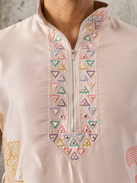 Regal Cream Men's Silk Kurta Pajama with Designer Embroidery For Wedding Mens Short Kurta