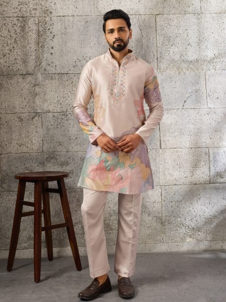 Regal Cream Men's Silk Kurta Pajama with Designer Embroidery For Wedding Mens Short Kurta