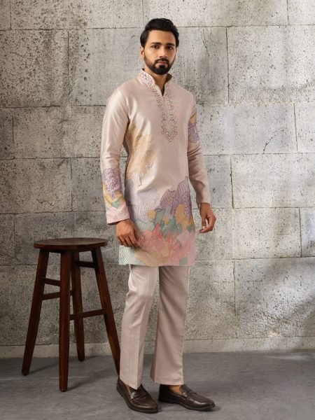 Regal Cream Men's Silk Kurta Pajama with Designer Embroidery For Wedding Mens Short Kurta