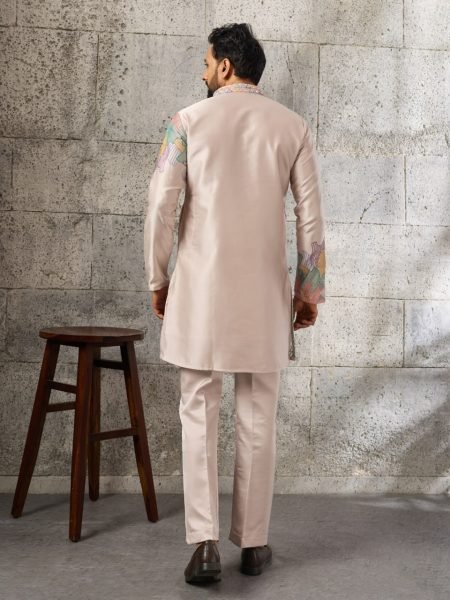 Regal Cream Men's Silk Kurta Pajama with Designer Embroidery For Wedding Mens Short Kurta