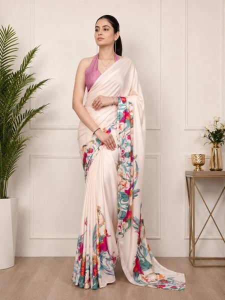 Regal Cream Pink Designer Satin Silk Printed Saree with Elegant All Over Print at Factory Price Sarees 