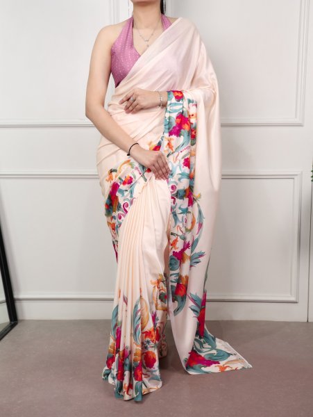 Regal Cream Pink Designer Satin Silk Printed Saree with Elegant All Over Print at Factory Price Silk Sarees Wholesale