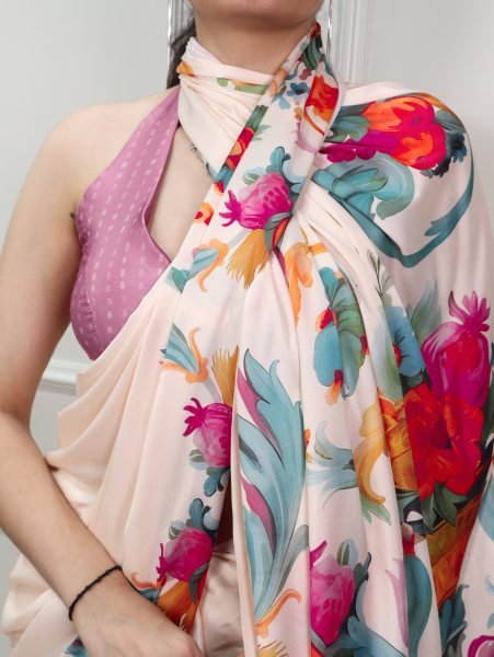 Regal Cream Pink Designer Satin Silk Printed Saree with Elegant All Over Print at Factory Price Silk Sarees Wholesale