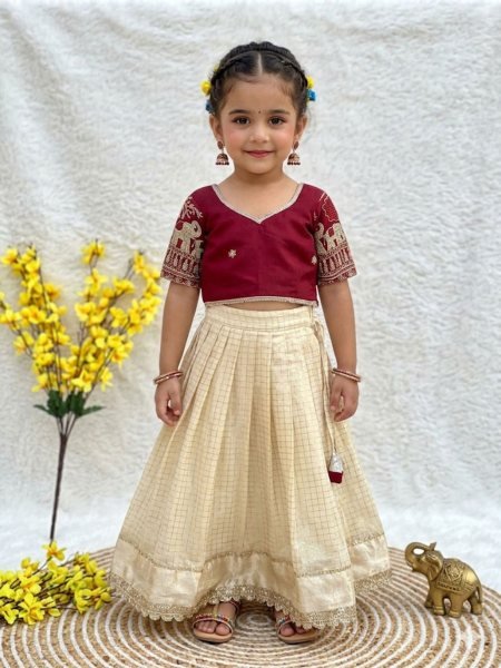 Regal Cream Red Trendy Kids Party Wear Lehenga Choli for Special Occasions Kurtis