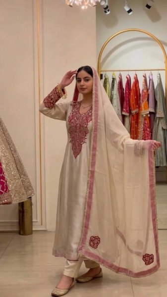 Regal Cream Soft Organza Gown with 3 Meter Flair and Heavy Sequins Embroidery at Factory Price Ready To Wear Collection