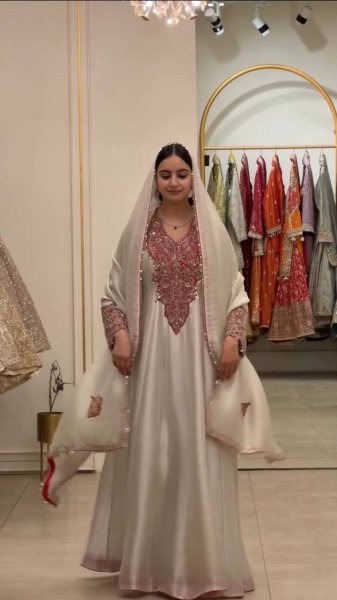 Regal Cream Soft Organza Gown with 3 Meter Flair and Heavy Sequins Embroidery at Factory Price Ready To Wear Collection